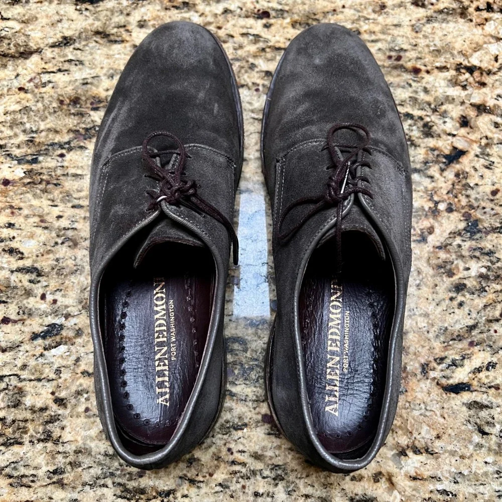 Allen Edmonds Nomad Derby‎ Shoes Mens 9.5 D Grey Suede Plain Toe Blucher Preppy